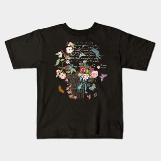 Vintage French style architectural image enhanced with flowers, birds butterflies, script. Interacted design for your projects. Kids T-Shirt